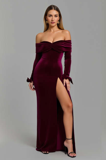Leely Women Burgundy Velvet Maxi Sheath Holiday Party Dress Off the Shoulder Long Sleeves Formal Dress with Slit