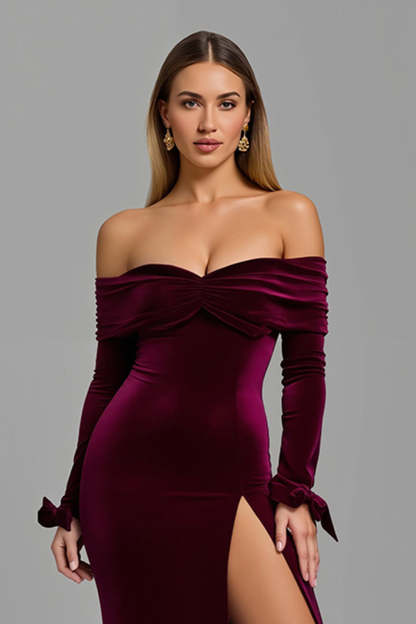 Burgundy Off the Shoulder Long Sleeves Sheath Holiday Party Dress with Slit