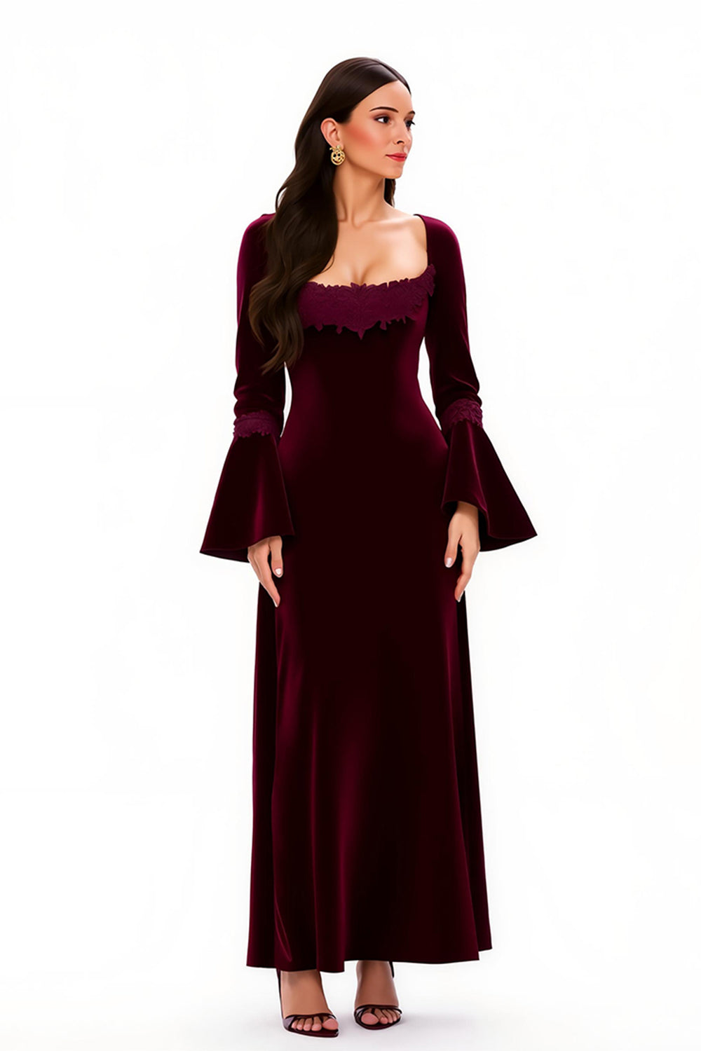 Burgundy Sheath Scoop Neck Flare Sleeves Long Holiday Party Dress