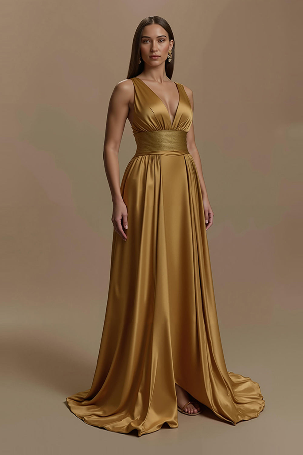 Leely Women Golden Satin Maxi Holiday Party Dress V-Neck Backless Empire Waist Formal Dress