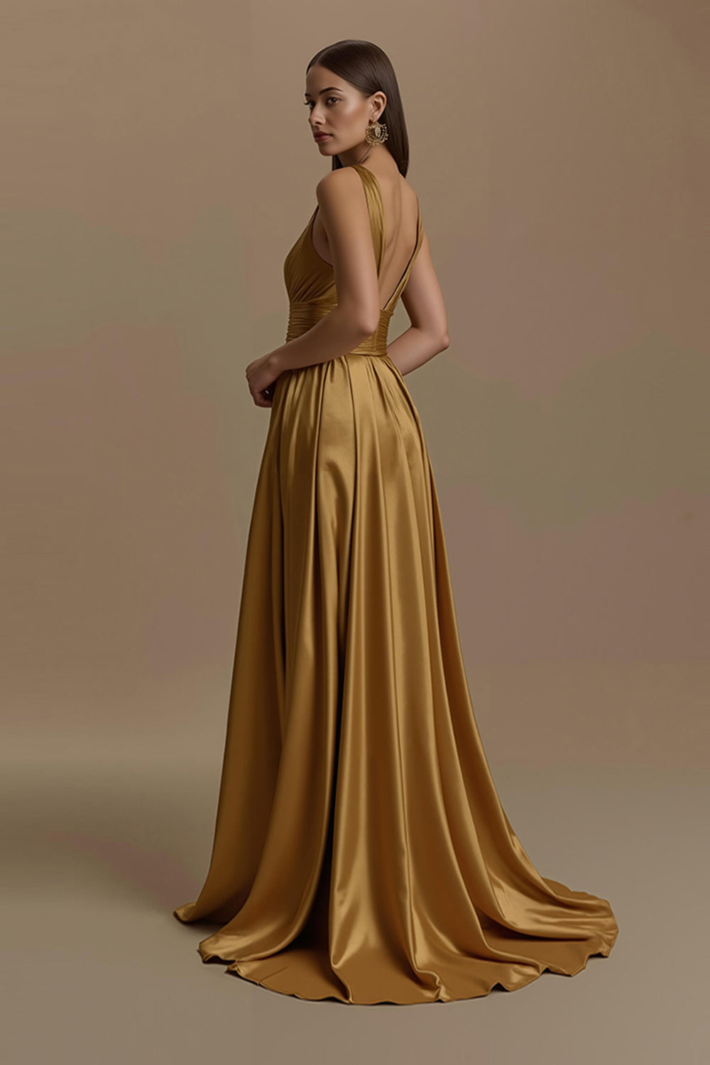 Golden V-Neck Empire Waist Backless Long Holiday Party Dress