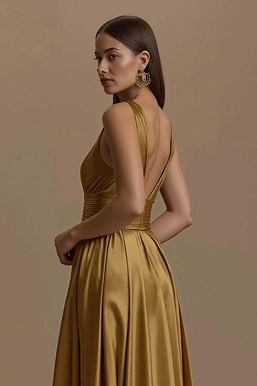 Golden V-Neck Empire Waist Backless Long Holiday Party Dress