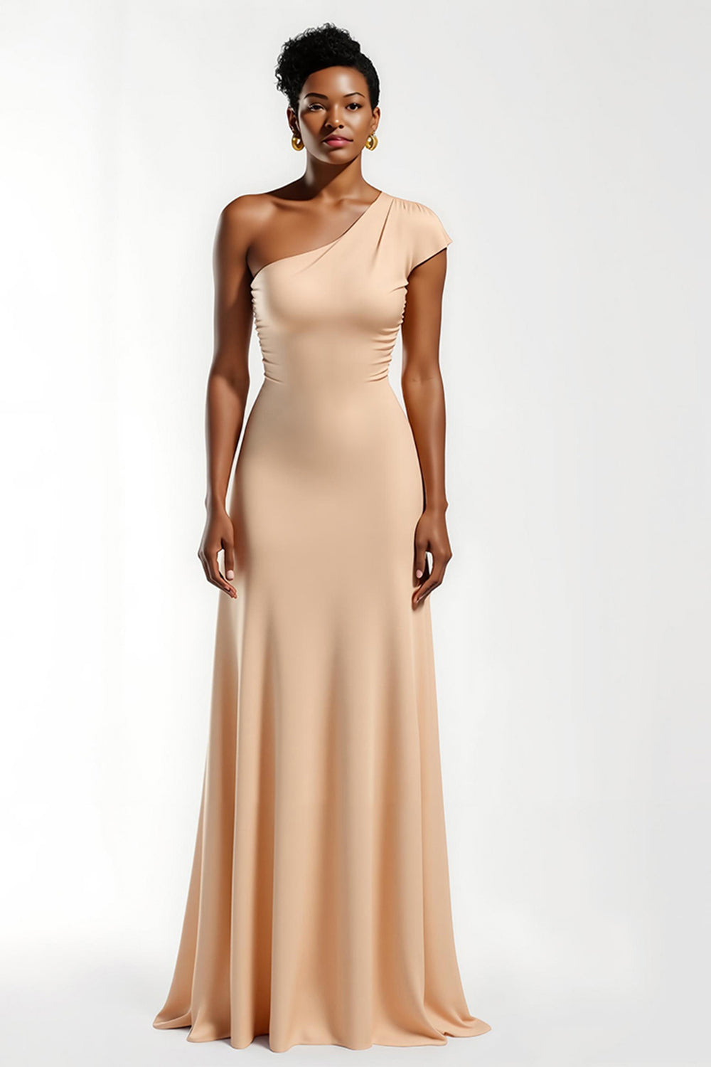 Leely Women Champagne Satin Sheath Maxi Holiday Party Dress One Shoulder Formal Dress