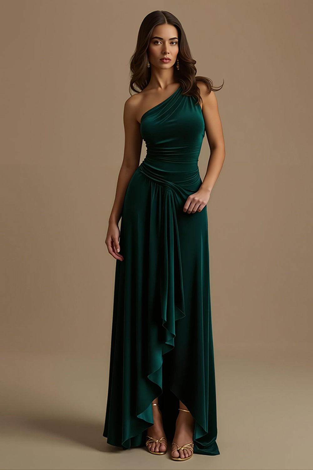 Dark Green Sheath One Shoulder High-Low Holiday Party Dress with Ruffles