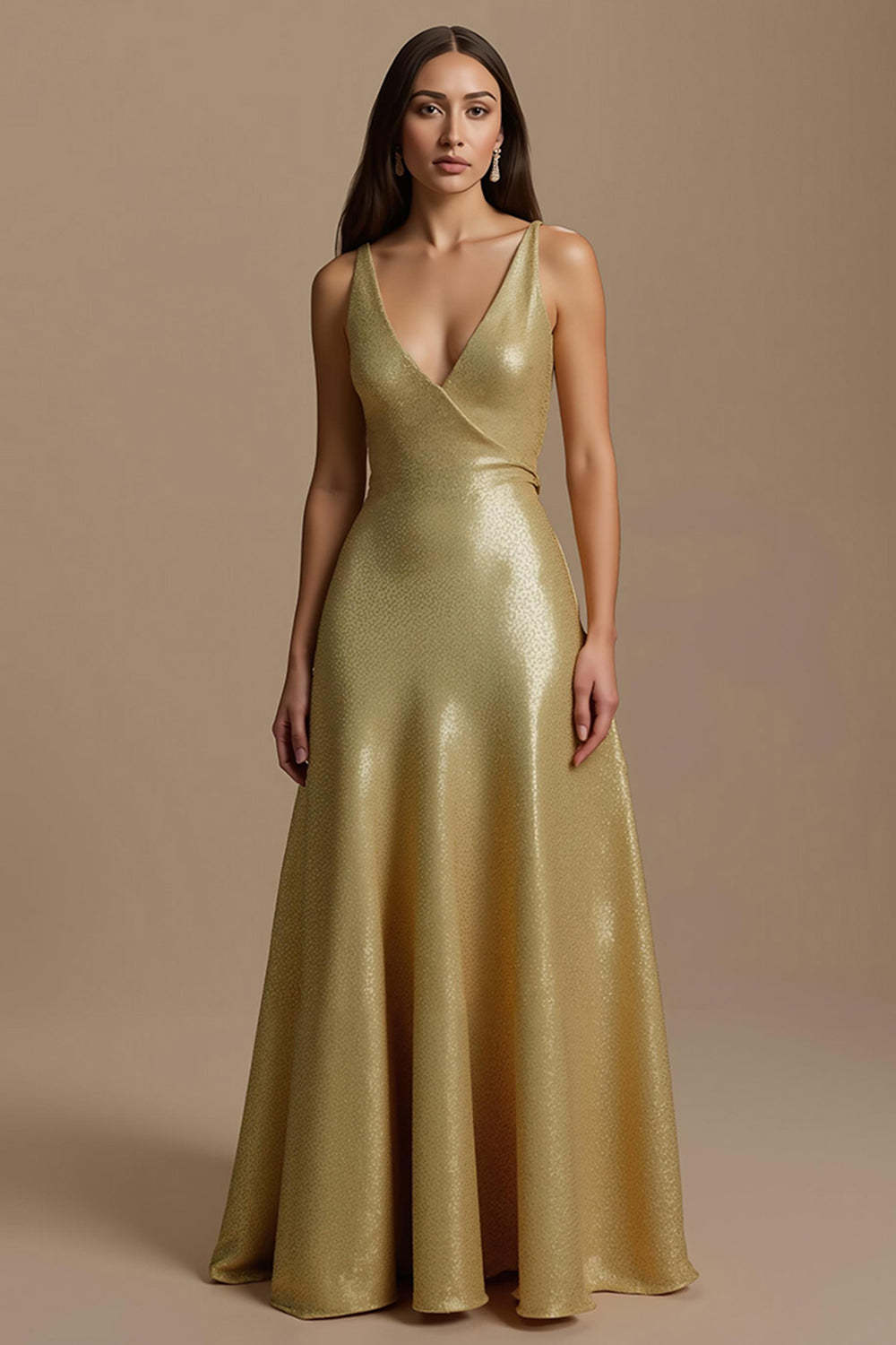 Leely Women Sparkly Golden A Line Maxi Holiday Party Dress Sequin V-Neck Backless Evening Dress