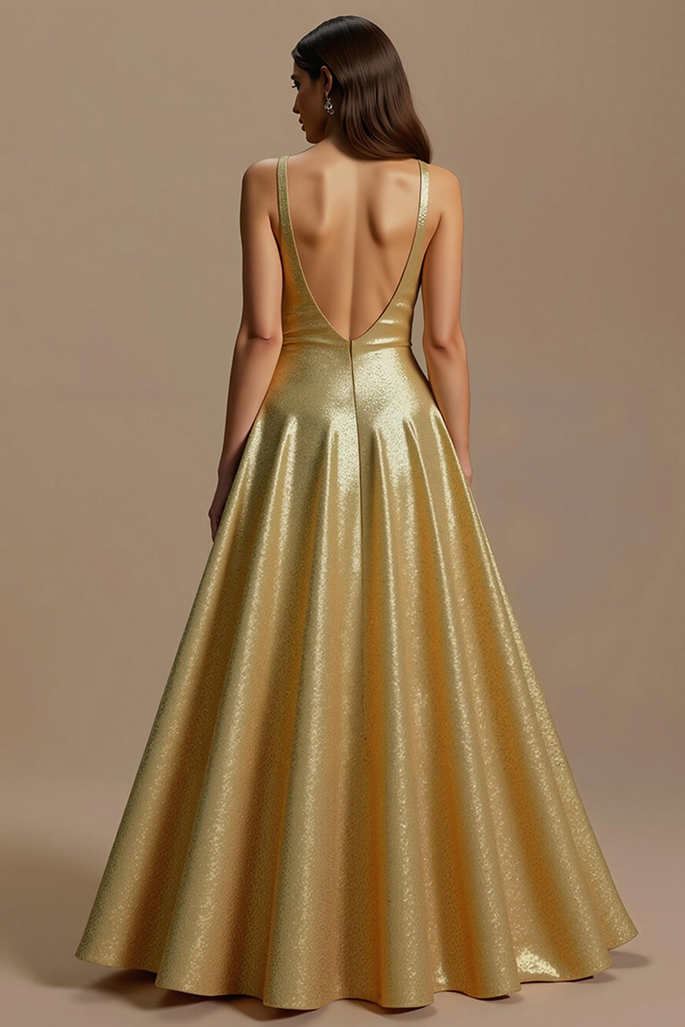 Sparkly Golden A Line Sequin V-Neck Backless Long Holiday Party Dress