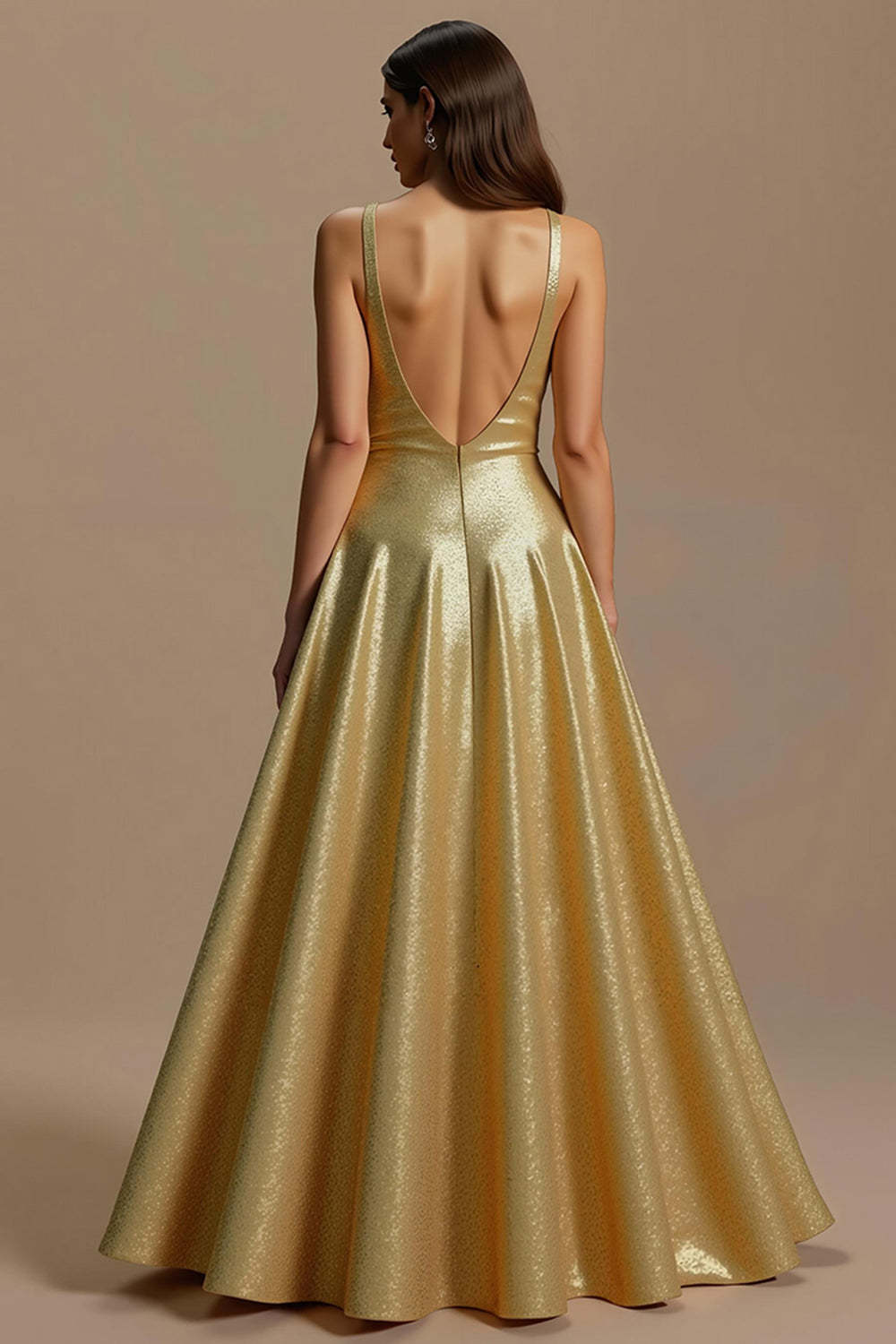 Sparkly Golden A Line Sequin V-Neck Backless Long Holiday Party Dress