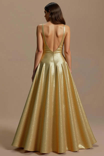 Sparkly Golden A Line Sequin V-Neck Backless Long Holiday Party Dress