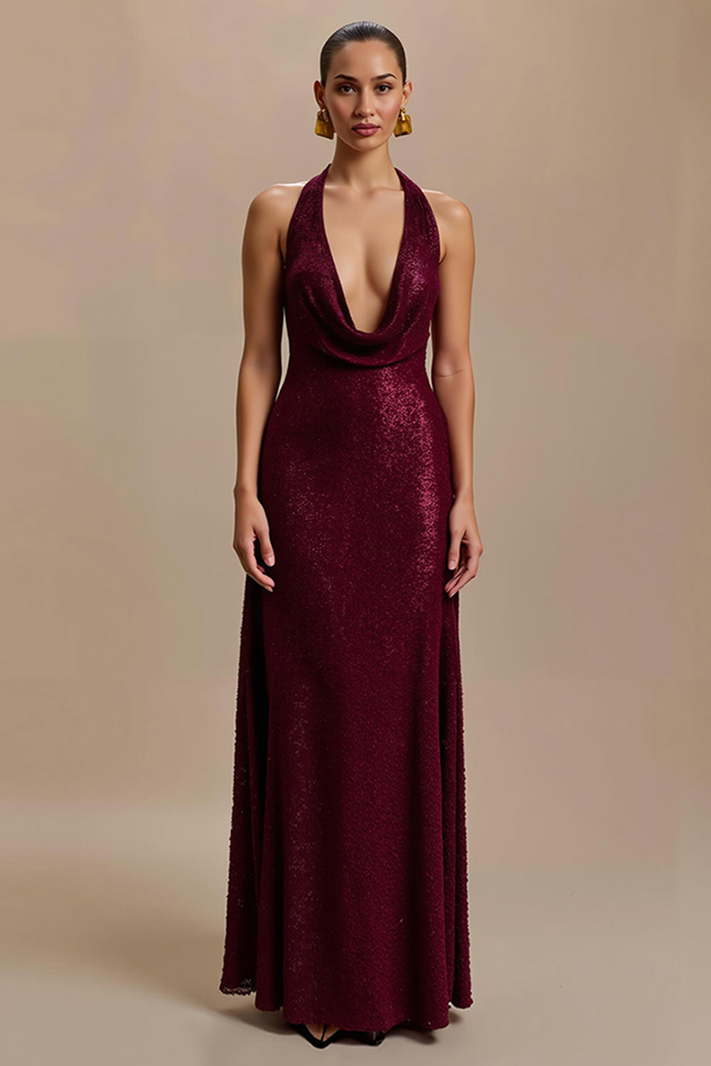 Burgundy Sheath Sparkly Sequin V-Neck Long Holiday Party Dress