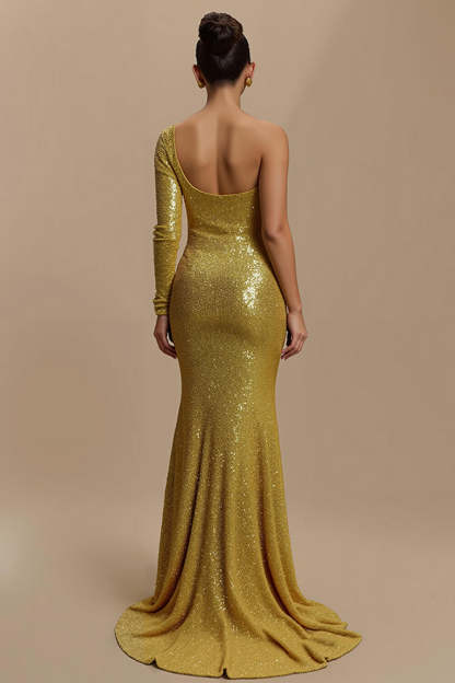 Golden Sparkly Mermaid Sequin Long Holiday Party Dress with Sleeves