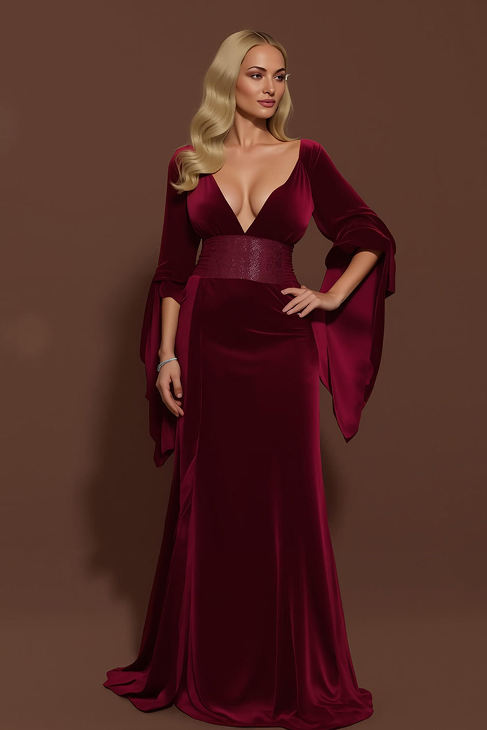 Mermaid Long Burgundy Velvet V-Neck Holiday Party Dress with Sleeves