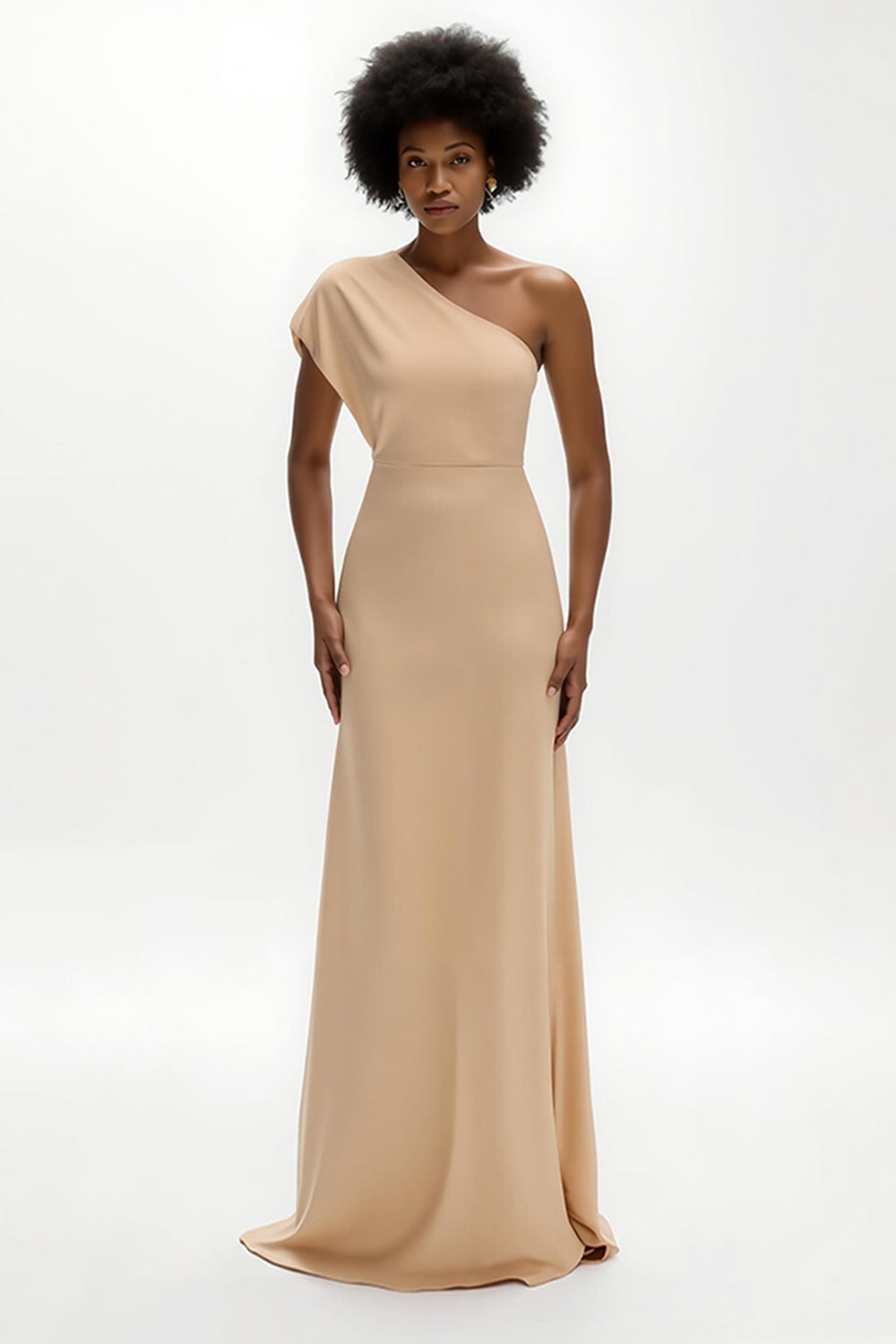 Leely Women Champagne Sheath Maxi Wedding Guest Dress with Sleeves One Shoulder Satin Formal Drss