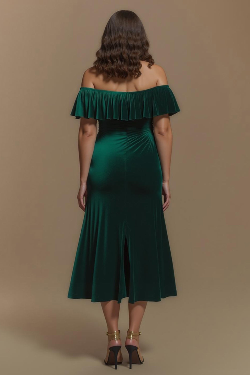 Dark Green Sheath Off the Shoulder Ruffled Long Holiday Party Dress with Slit