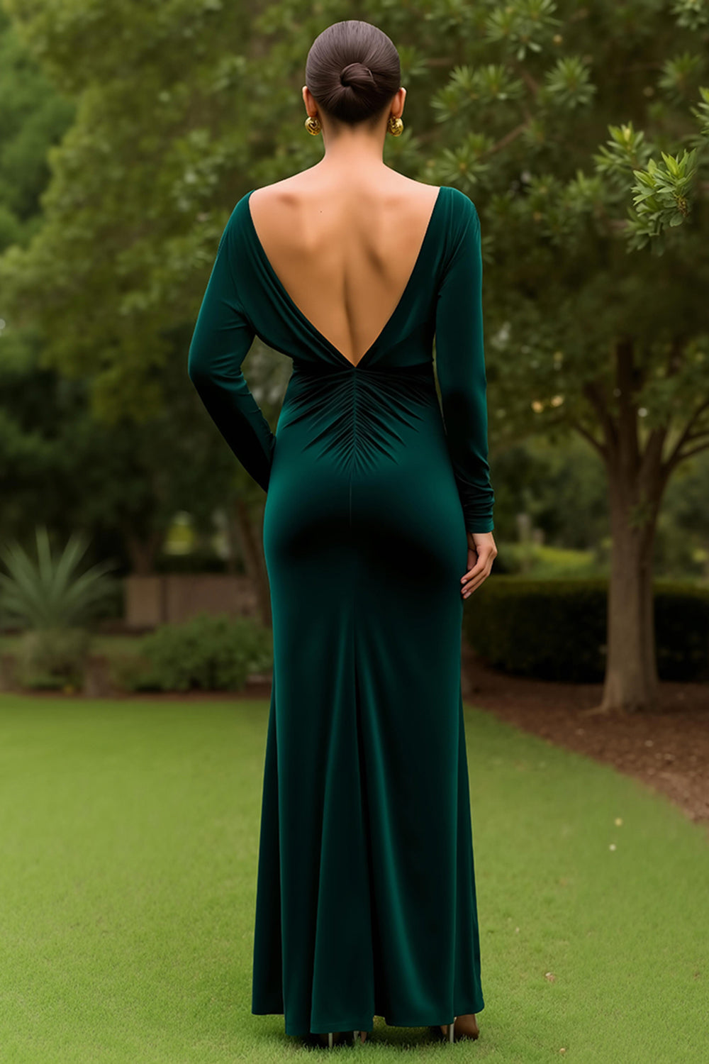 Dark Green Sheath V Neck Velvet Ruffled Long Holiday Party Dress with Slit