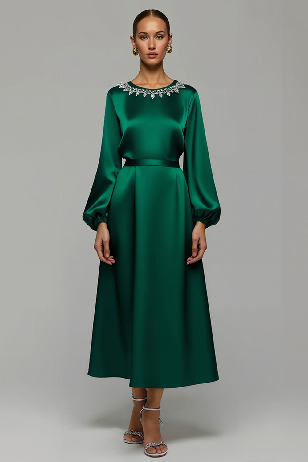 Dark Green A Line Satin Long Sleeves Holiday Party Dress with Rhinestones