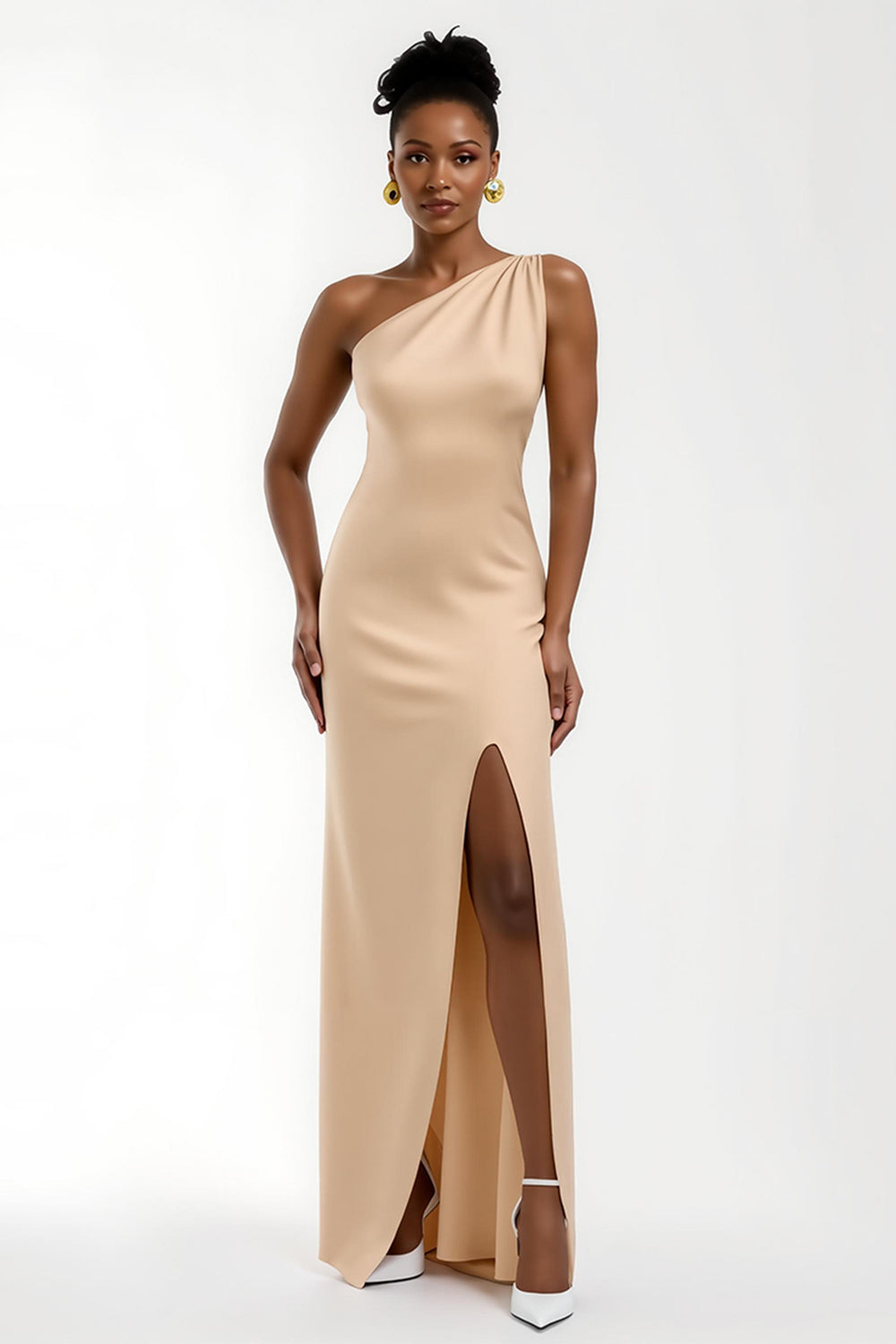 Leely Women Champagne Sheath Maxi Satin Wedding Guest Dress with Slit One Shoulder Bridesmaid Dress