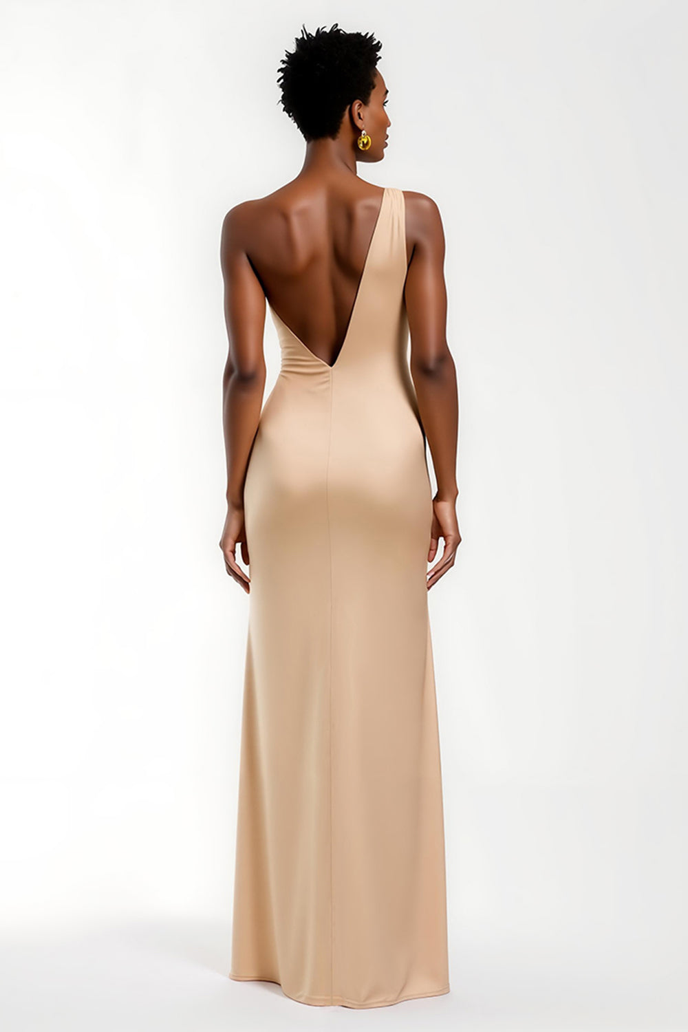 Champagne Satin One Shoulder Maxi Wedding Guest Dress with Slit