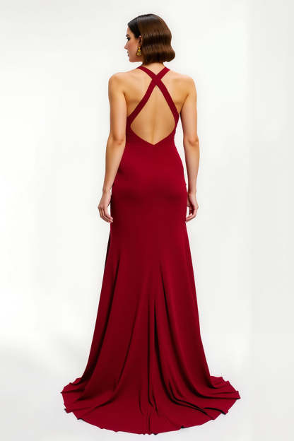 Red Satin Sheath Long Criss Cross Back Holiday Party Dress with Slit