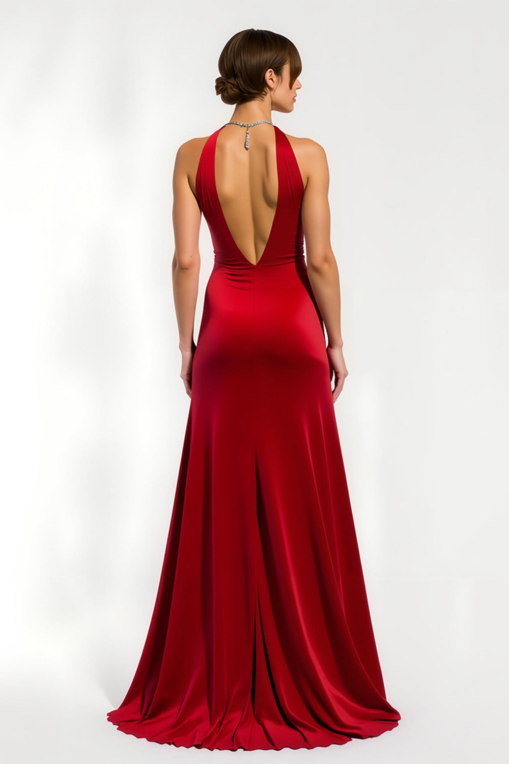 Maxi Red Satin Sheath V-Neck Holiday Party Dress with Slit
