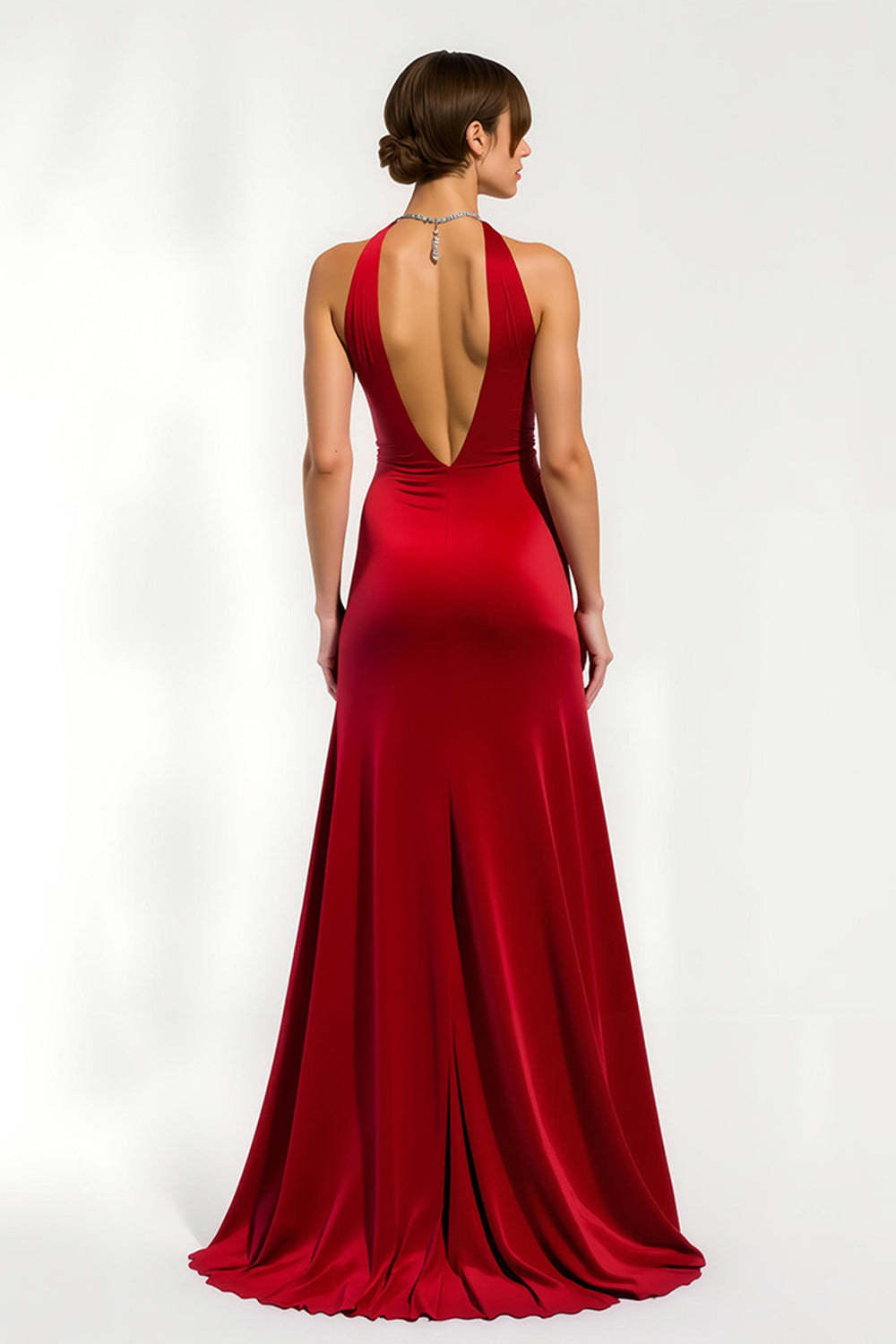 Maxi Red Satin Sheath V-Neck Holiday Party Dress with Slit