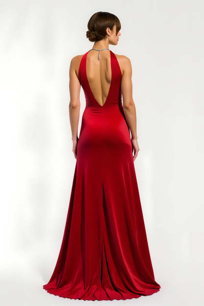 Maxi Red Satin Sheath V-Neck Holiday Party Dress with Slit