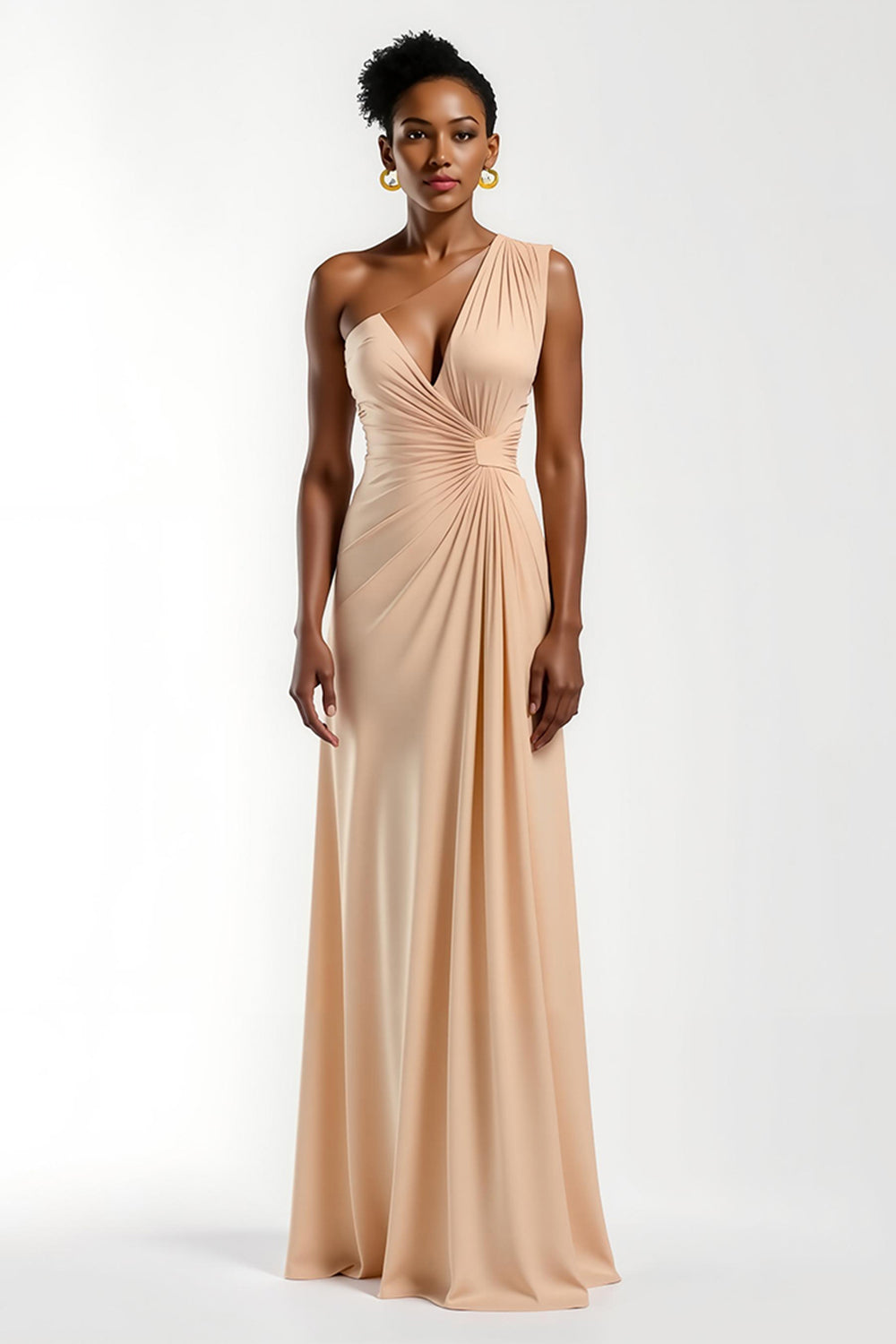 Leely Women Champagne Sheath Maxi Satin Wedding Guest Dress Ruched One Shoulder Bridesmaid Dress