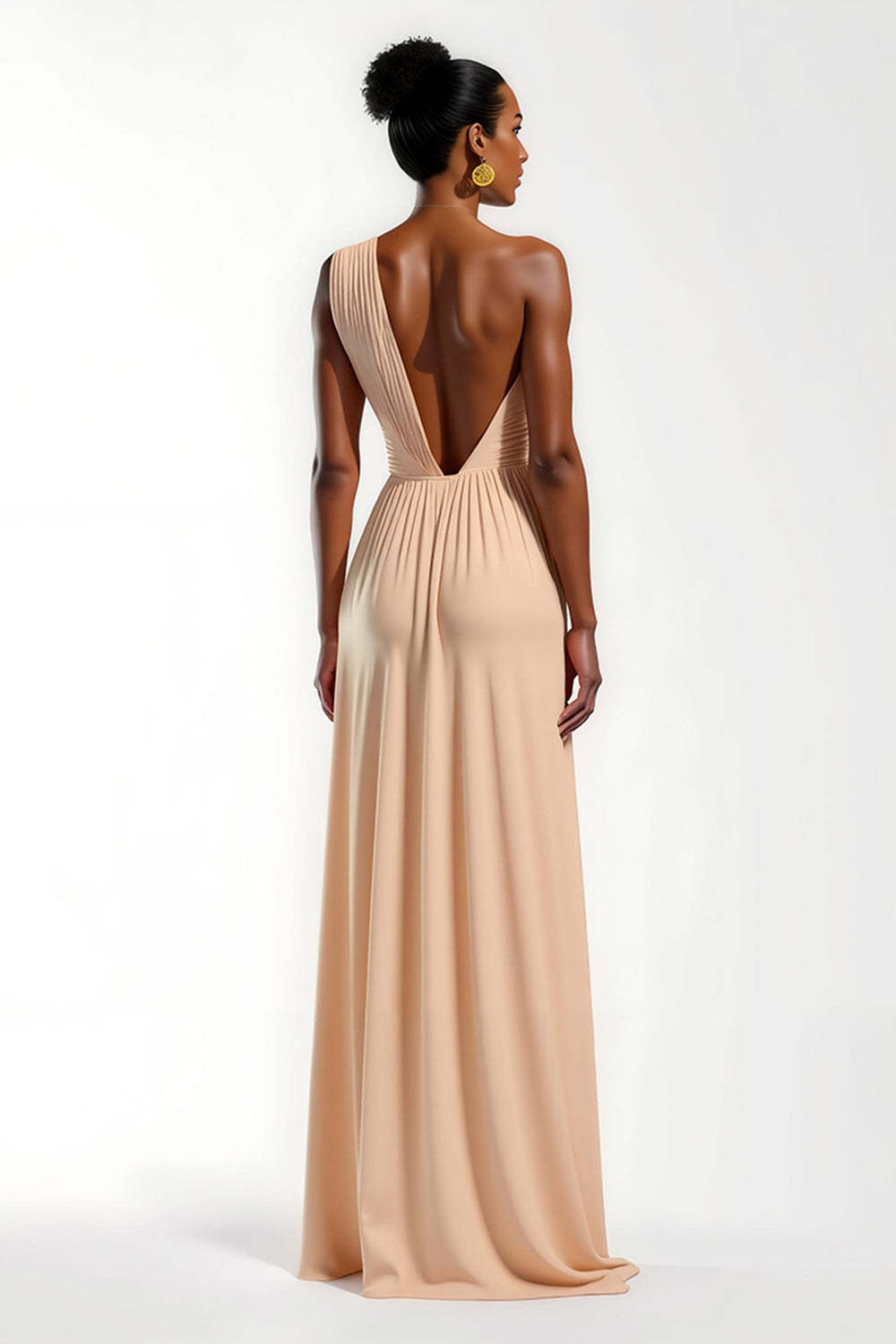 Satin Ruched Champagne Sheath Maxi Wedding Guest Dress