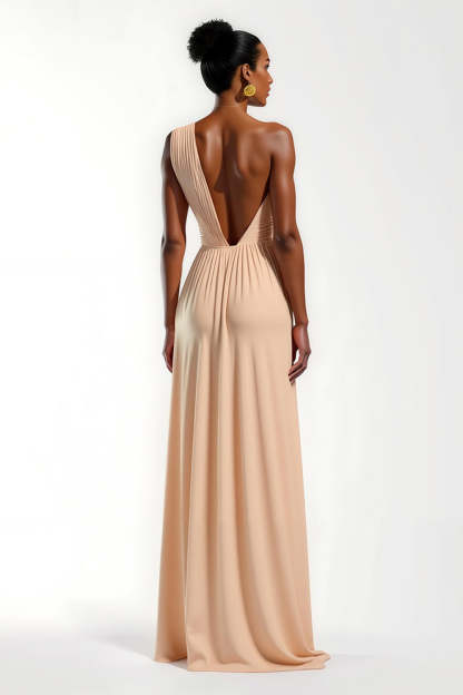 Satin Ruched Champagne Sheath Maxi Wedding Guest Dress