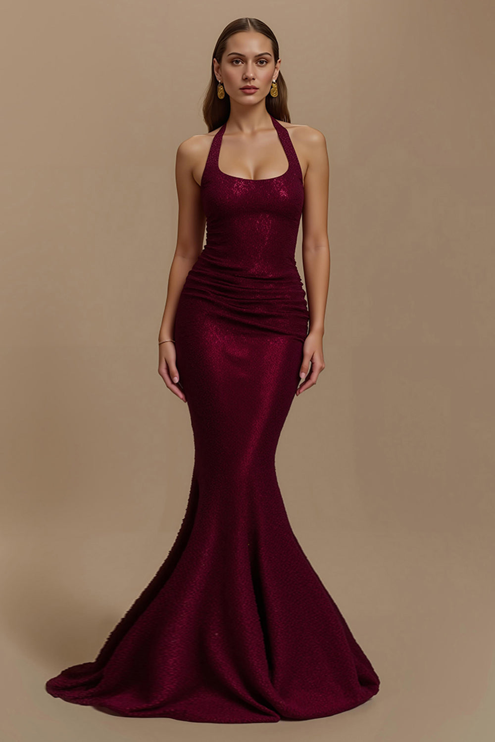 Burgundy Mermaid Halter Sequin Long Holiday Party Dress
