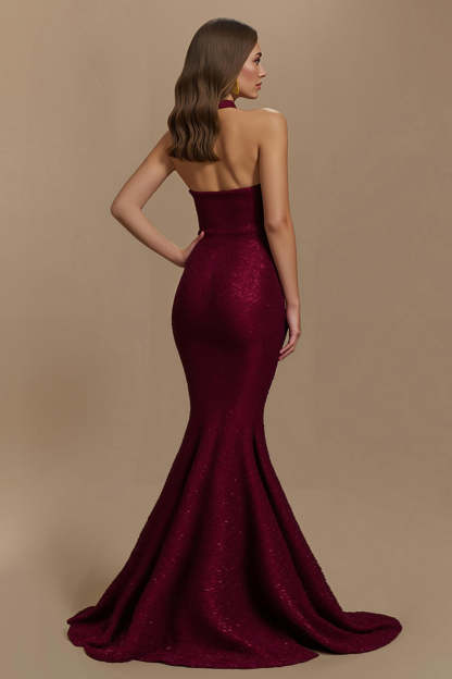 Burgundy Mermaid Halter Sequin Long Holiday Party Dress