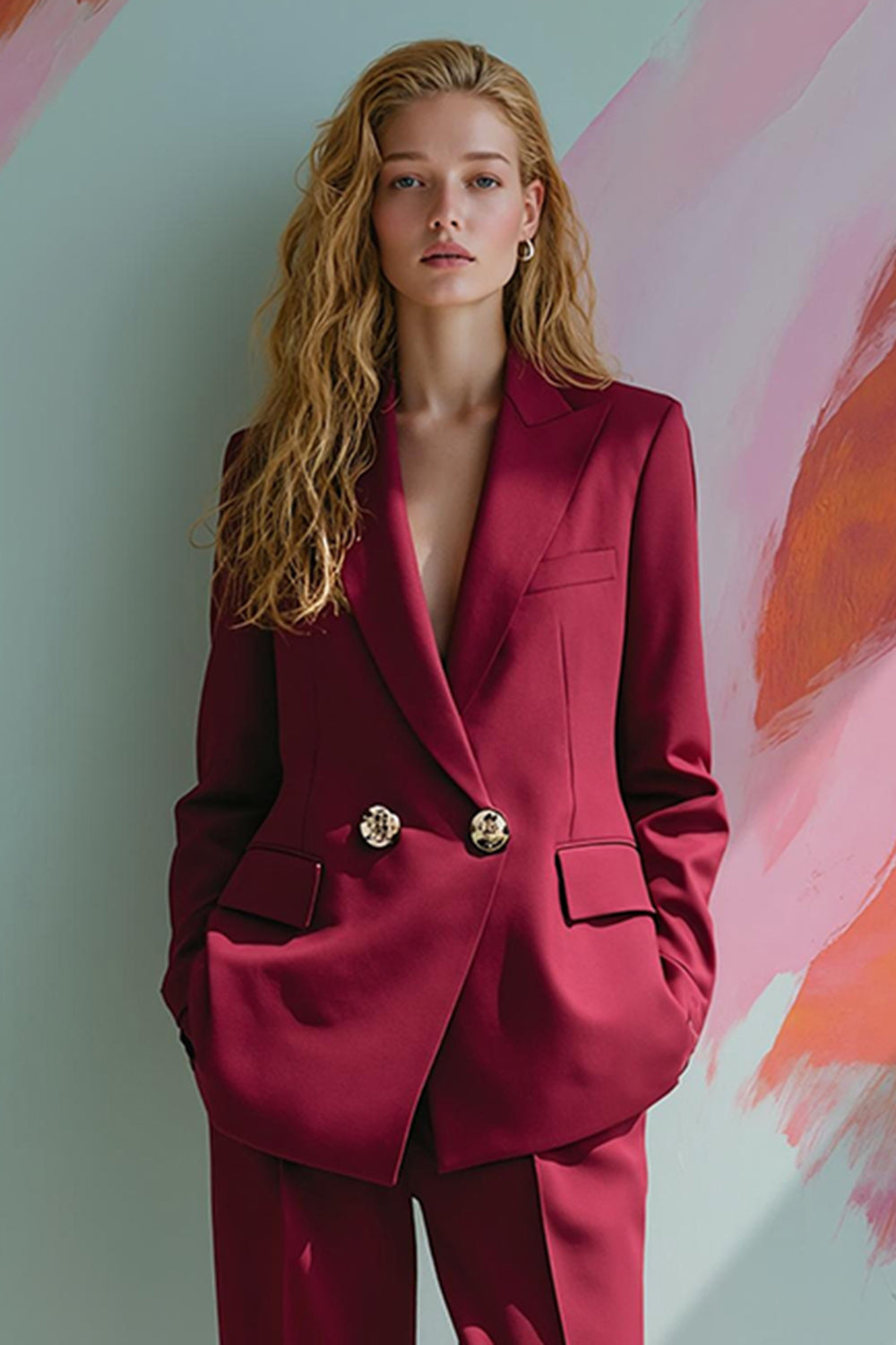 Burgundy Satin Peak Lapel 2 Piece Women Prom Suits with Pockets