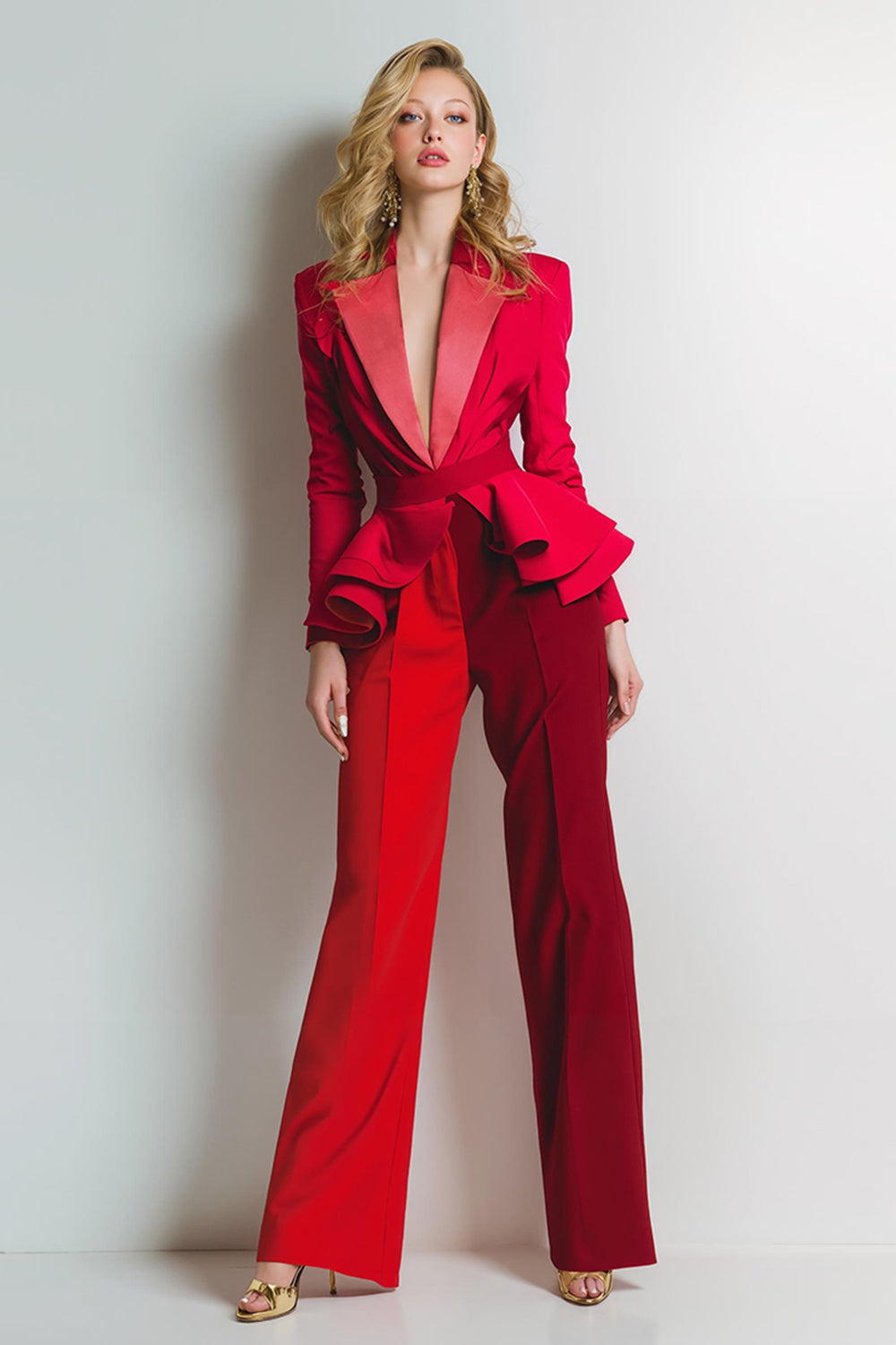 Red 2 Piece Peak Lapel Satin Patchwork Women Prom Suits with Belt