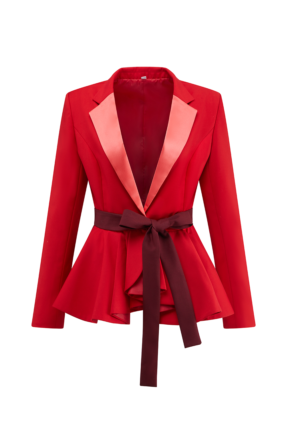 2 Piece Red Peak Lapel Satin Patchwork Women Prom Suits with Sash