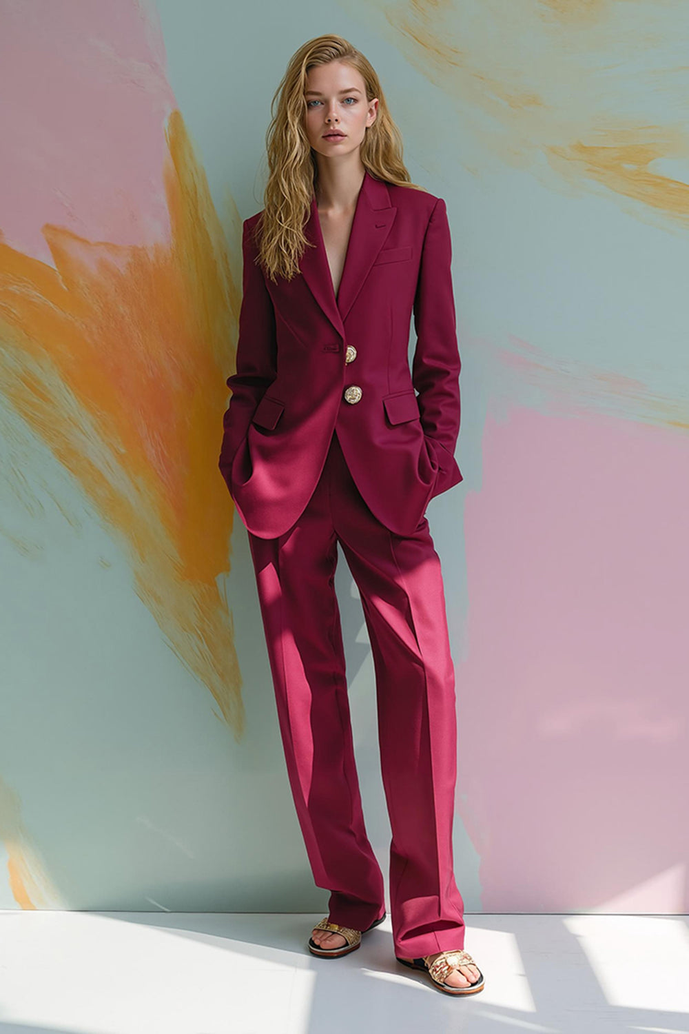 Burgundy Peak Lapel Satin 2 Piece Women's Prom Suits with Pockets