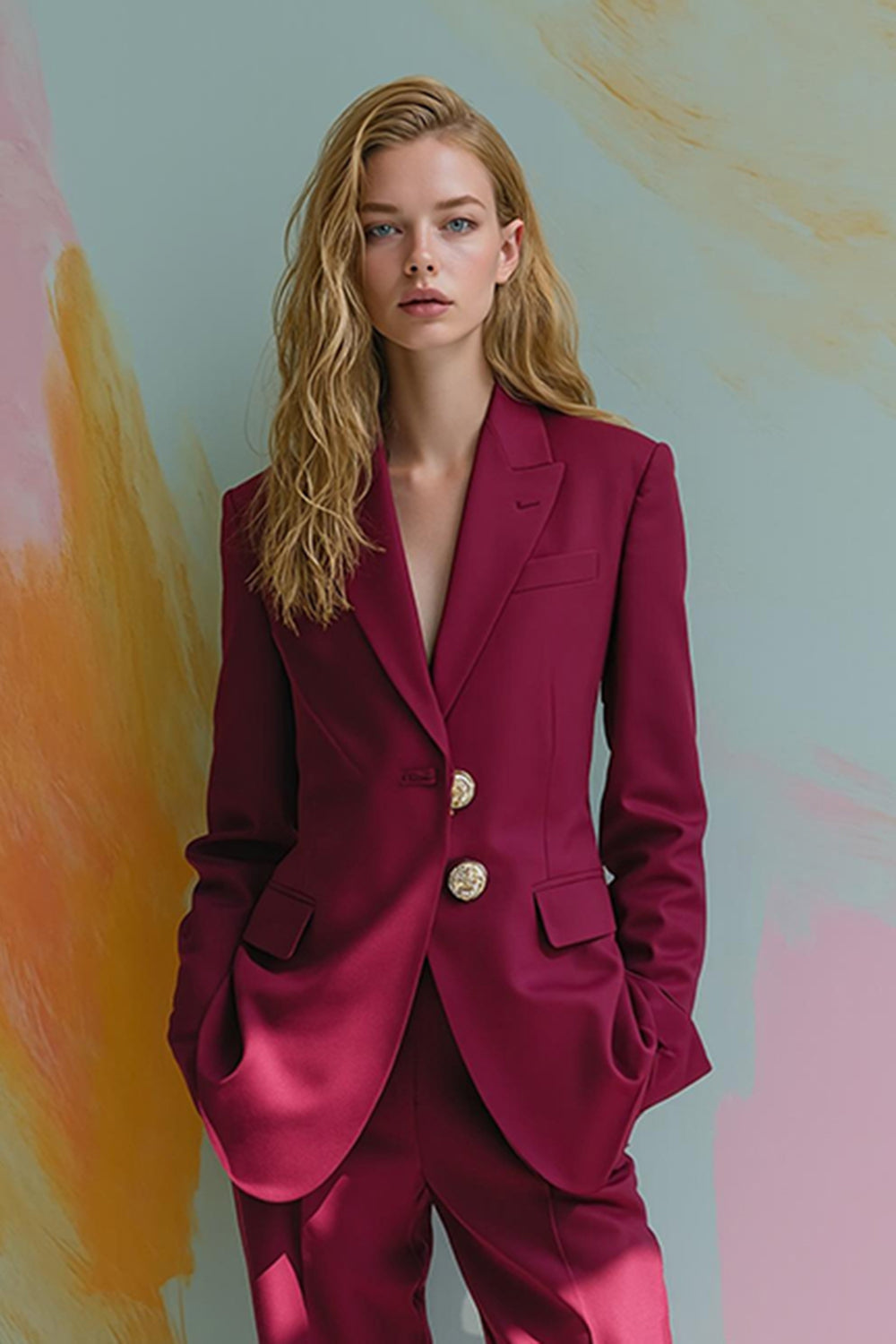 Burgundy Peak Lapel Satin 2 Piece Women's Prom Suits with Pockets