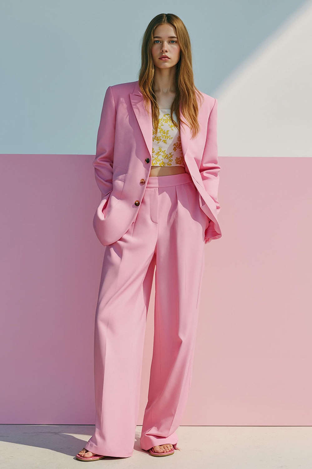Pink 2 Piece Single Breasted Wide-Leg Satin Prom Suits with Pockets