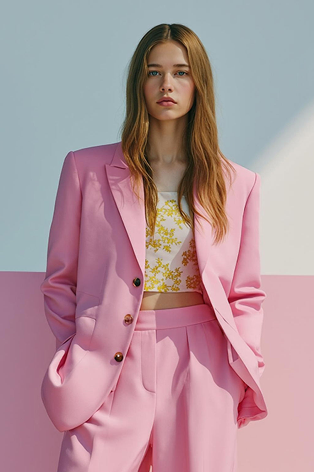 Pink 2 Piece Single Breasted Wide-Leg Satin Prom Suits with Pockets