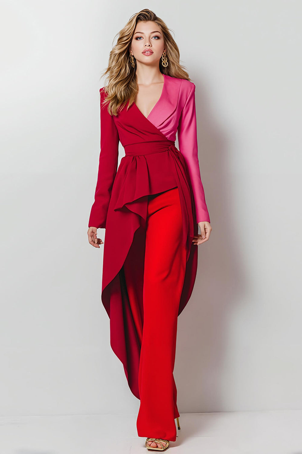 Red Patchwork 2 Piece Shawl Lapel Satin Women Prom Suits