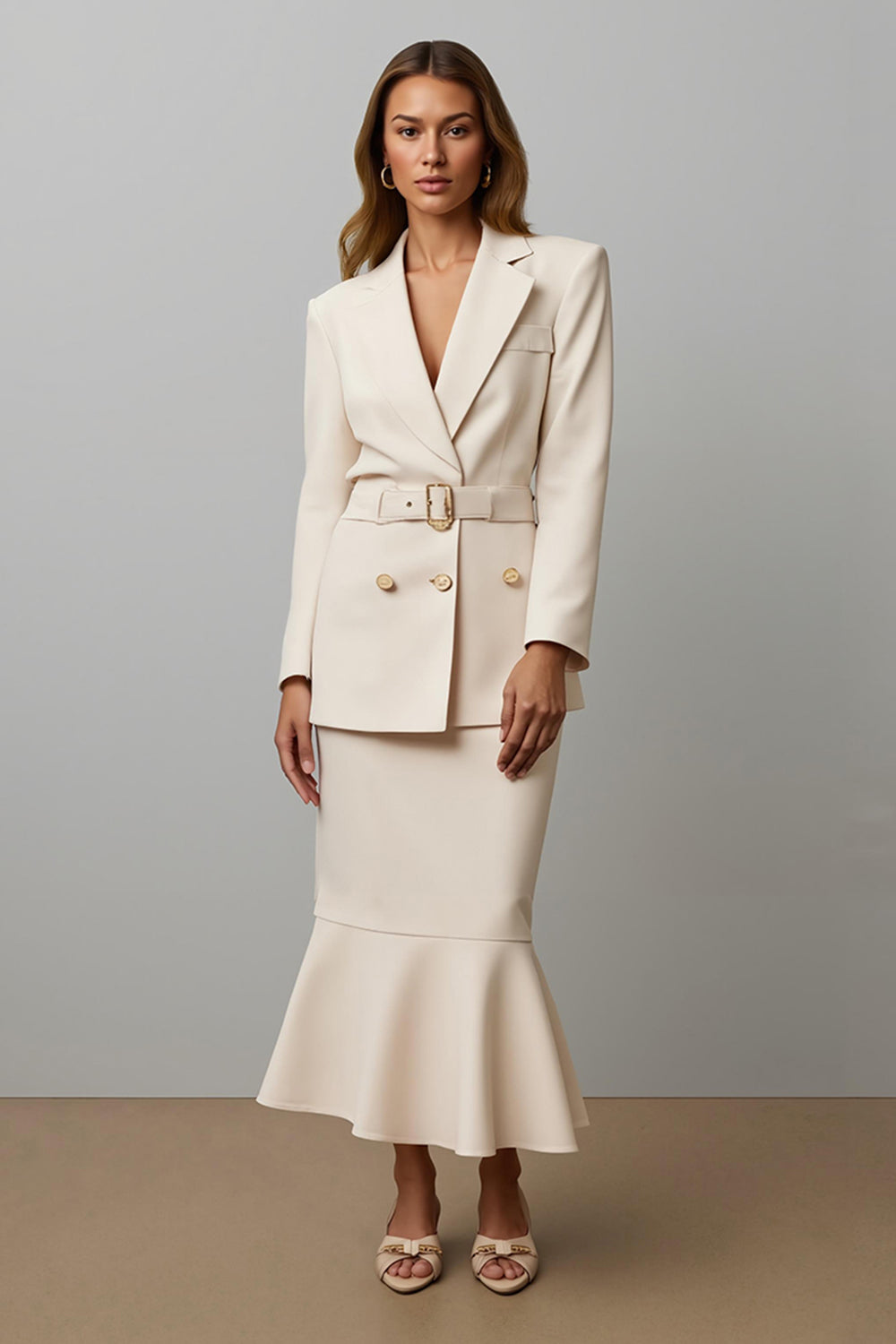 Champagne 2 Piece Mermaid Notched Lapel Maxi Business Suits with Belt