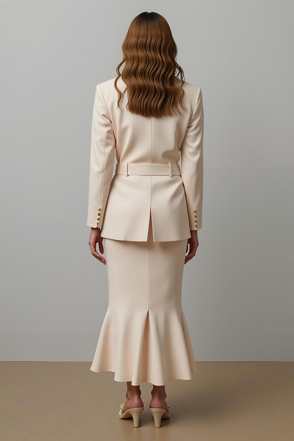 Champagne 2 Piece Mermaid Notched Lapel Maxi Business Suits with Belt