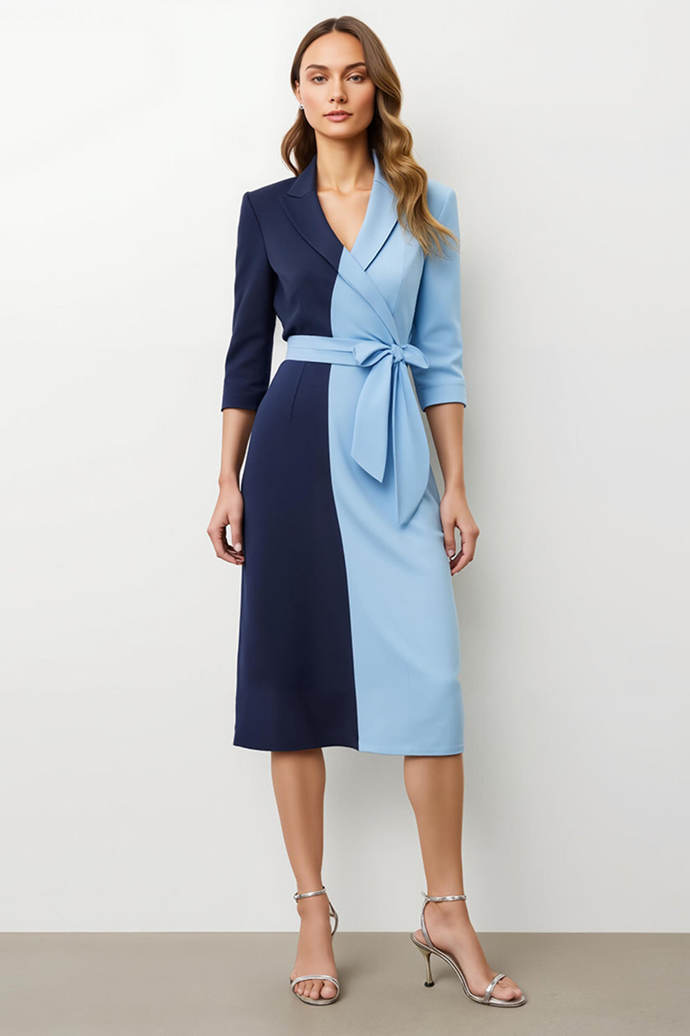 Navy Blue Patchwork Pencil Peak Lapel Midi Blazer Dress with Bow