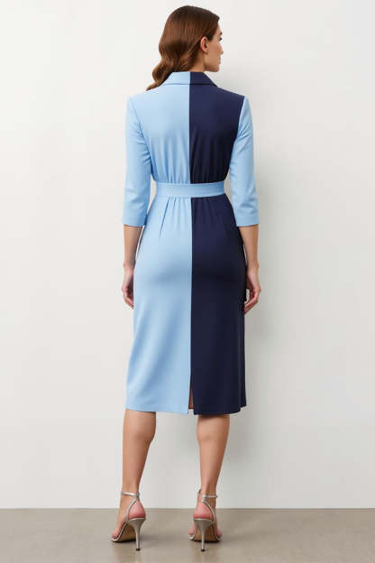 Navy Blue Patchwork Pencil Peak Lapel Midi Blazer Dress with Bow