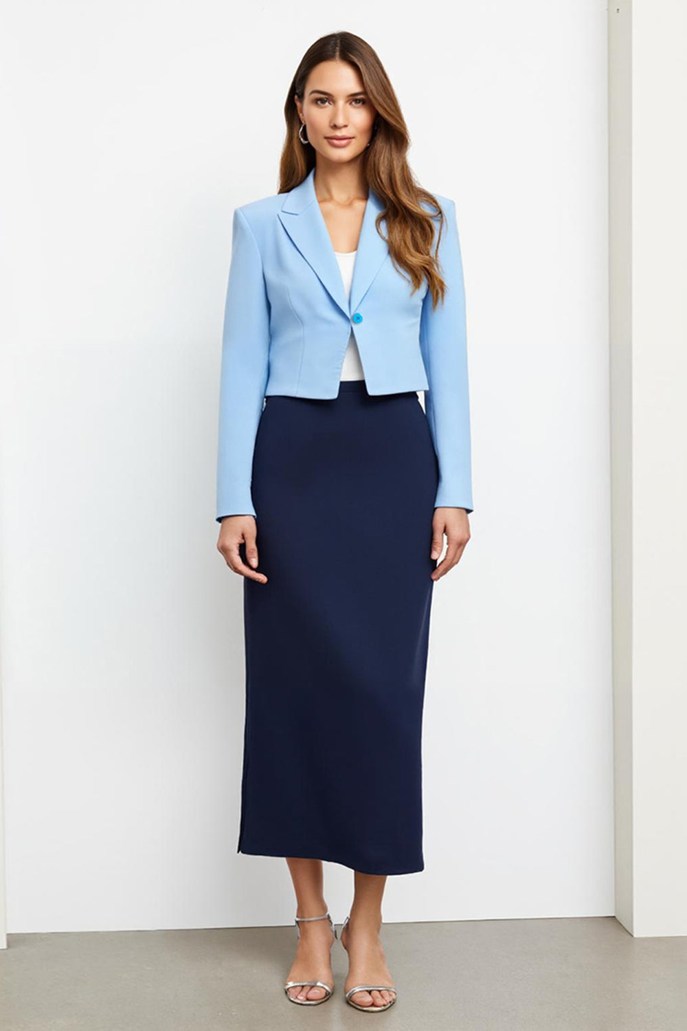 Navy Blue 2 Piece Pencil Notched Maxi Lapel Business Suits