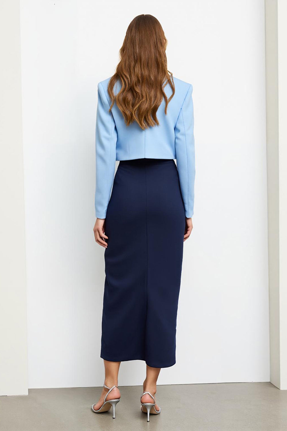 Navy Blue 2 Piece Pencil Notched Maxi Lapel Business Suits