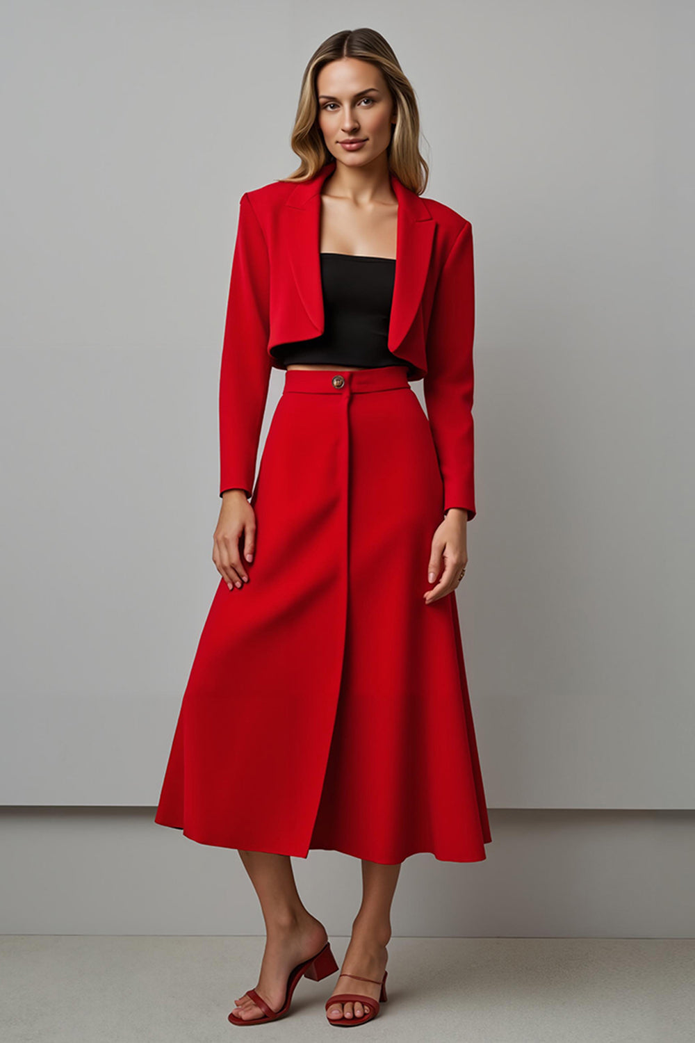 Red 2 Piece Notched Lapel A Line Midi Prom Suits