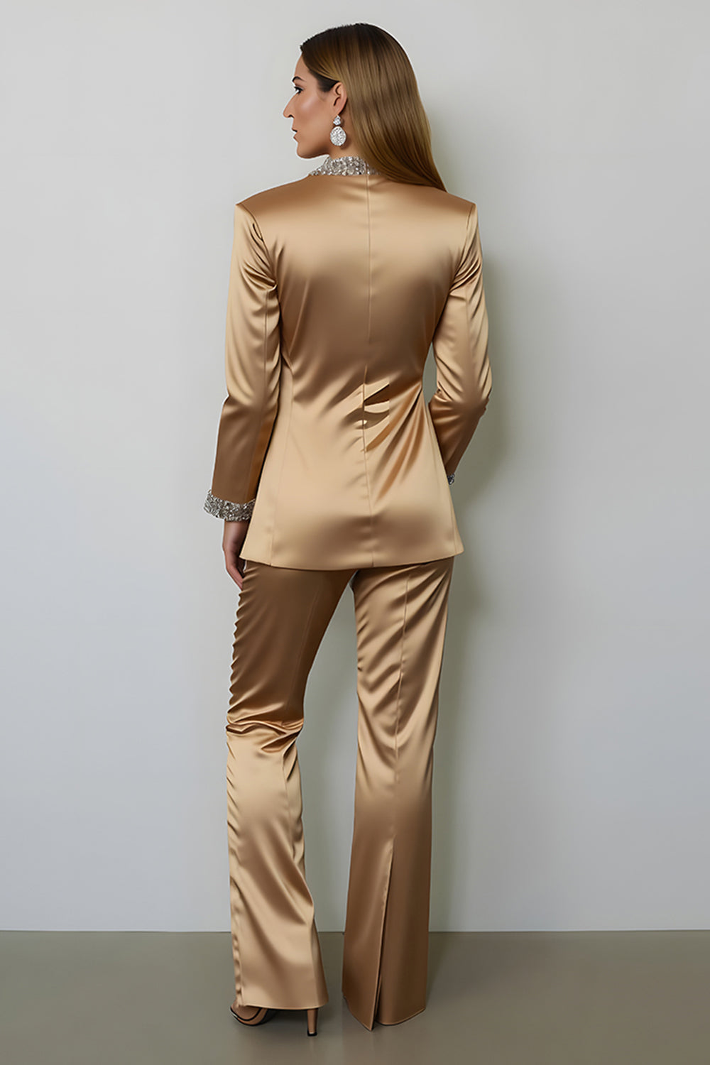 Sparkly Dark Golden Peak Lapel Satin 2 Piece Women Prom Suits