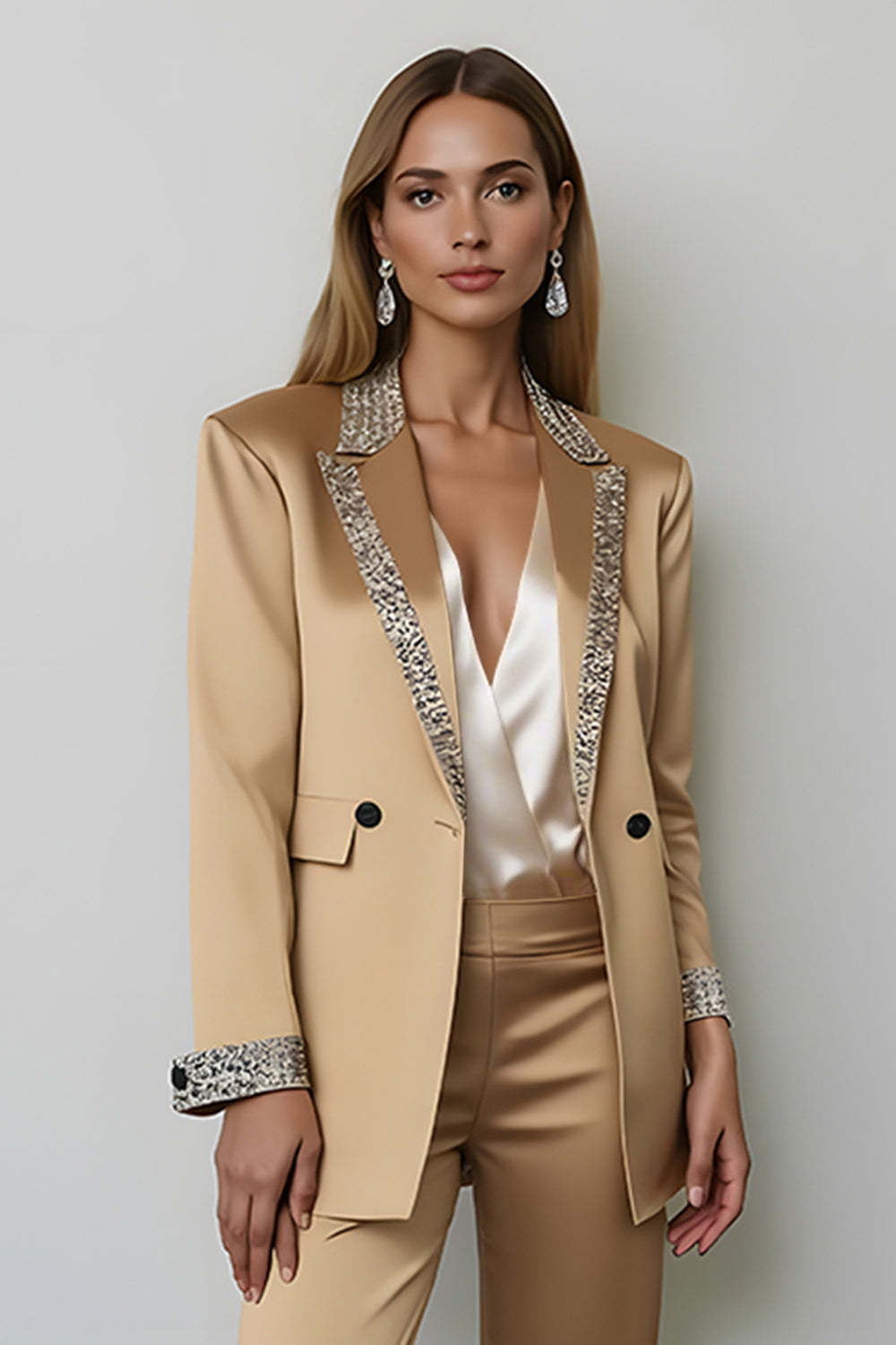Sparkly Dark Golden Peak Lapel Satin 2 Piece Women Prom Suits