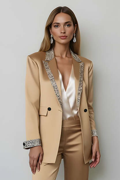 Sparkly Dark Golden Peak Lapel Satin 2 Piece Women Prom Suits