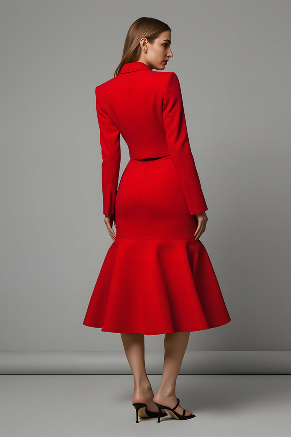 Red 2 Piece Notched Lapel Mermaid Satin Midi Prom Suits