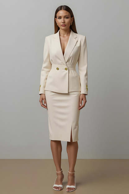 Leely Women Ivory Pencil 2 Piece Midi Business Suits with Slit Notched Lapel Double Breasted Work Suits